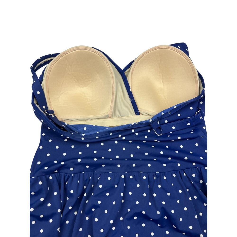 Denim & Co Swim Dress Ruched Flounce One Piece Blue Polka Dot Retro Rockabilly - Picture 6 of 8